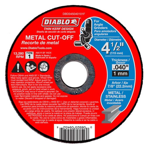 Main 1 - DIABLO DBD045040101F CUT-OFF WHEEL, ALUMINUM OXIDE, 4-1/2 IN DIA - Arlington Coal & Lumber