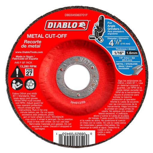 Main 1 - DIABLO DBD045063701F CUT-OFF WHEEL, ALUMINUM OXIDE, 4-1/2 IN DIA - Arlington Coal & Lumber